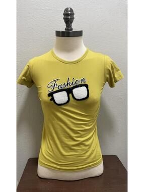 Vtg Y2K Fashion Glasses Tee Womens Sz S Yellow Embroidered